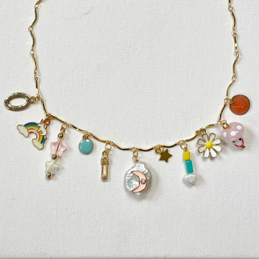 new! charm necklace beaded stars moon rainbow mushrooms freshwater pearl spring
